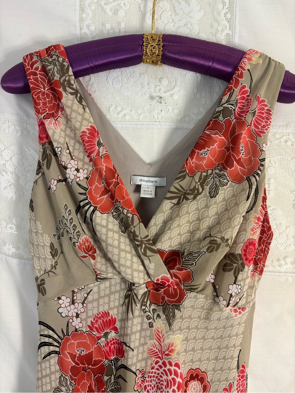 Tan+Red Floral Bias Cut Asymmetrical Hem Whimsy Cottage Fairy Dress Size M-L‎ - Picture 6 of 15